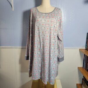 Rene Rofe 1X Gray Pink Blue Cat Round Neck Longsleeve Lounge Nightgown